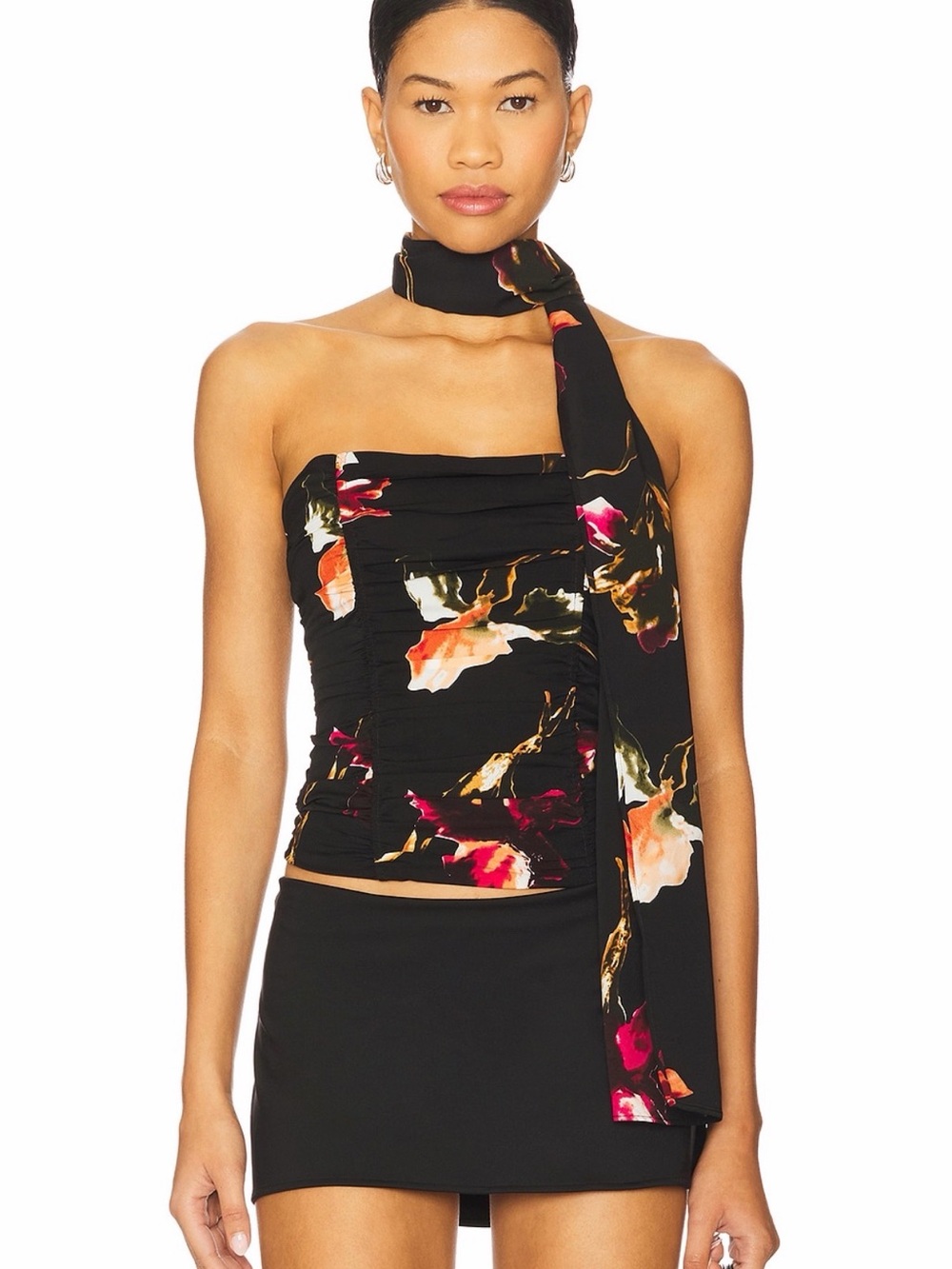 Lioness Black Floral Strapless Scarf Top